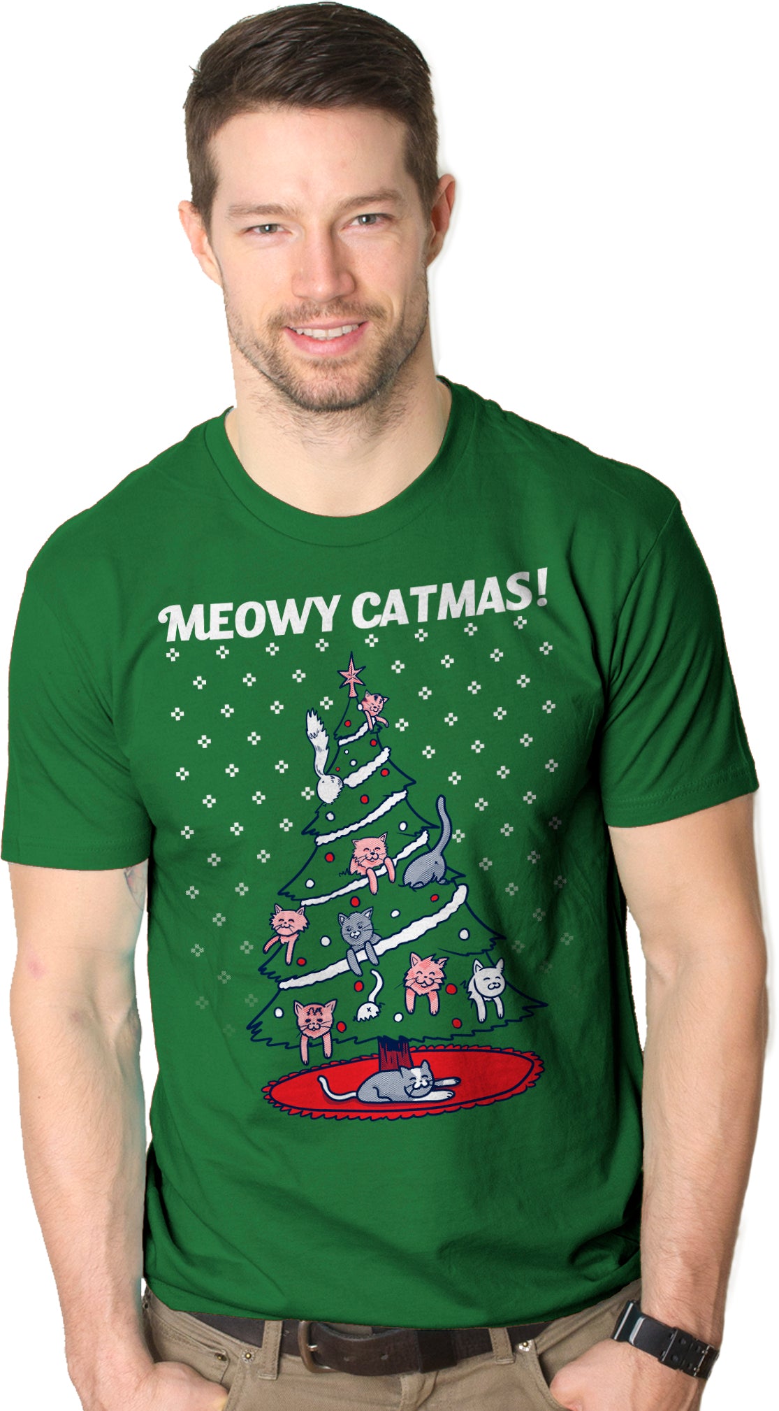 Meowy Christmas Cat Tree Ugly Christmas Sweater Men&#39;s T Shirt