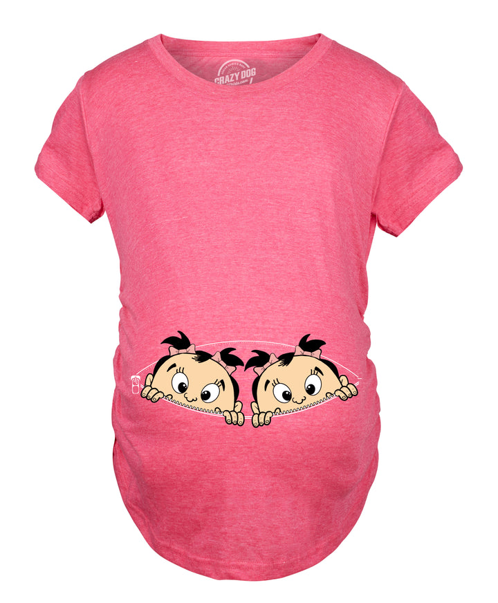 Funny Heather Pink 018PeekingTwinGirls-HPNK-MAT Maternity T Shirt Nerdy Peeking Tee