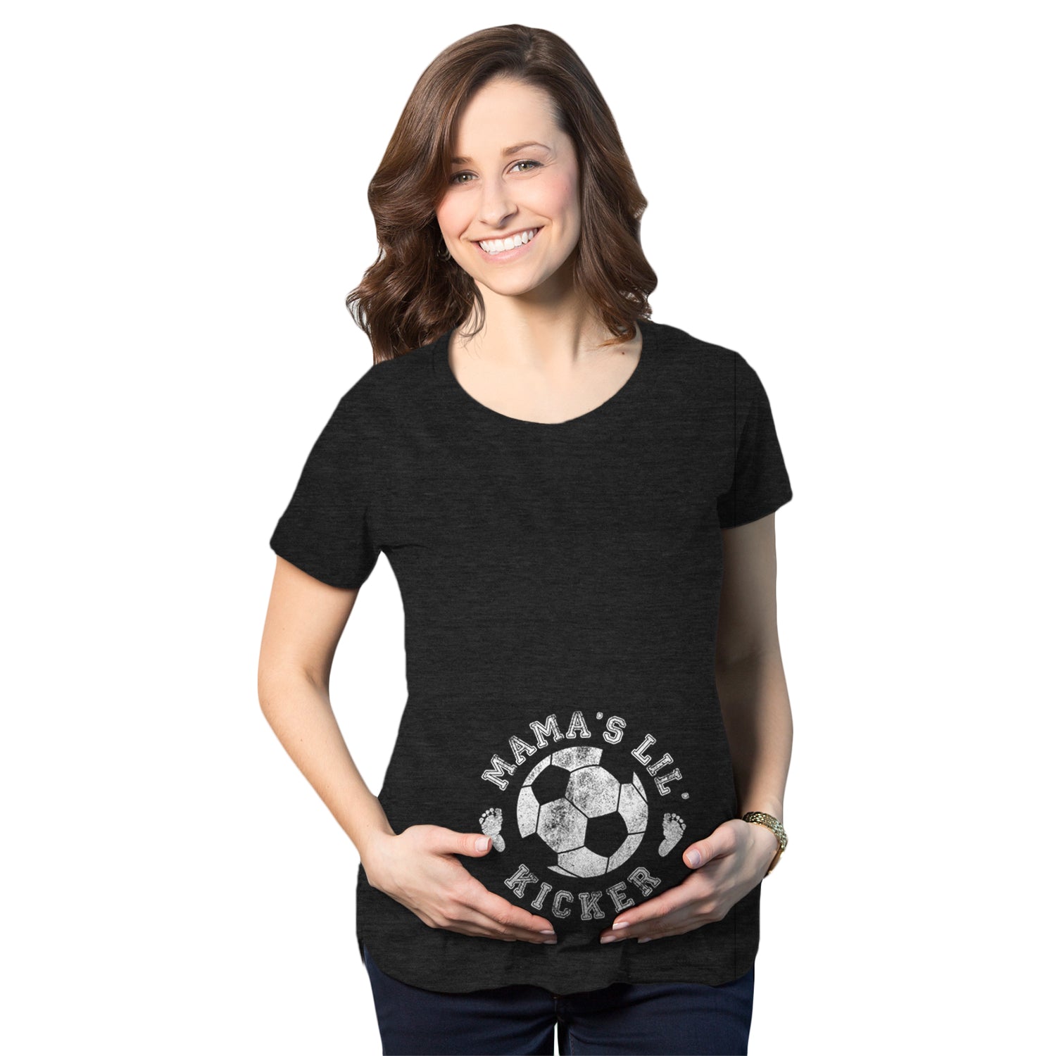 Funny Heather Black Mama's Little Kicker Soccer Maternity T Shirt Nerdy Soccer Tee