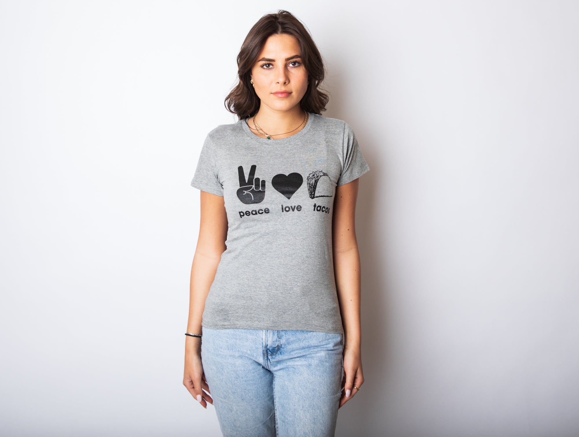Funny Dark Heather Grey Peace Love Tacos Womens T Shirt Nerdy Valentine's Day Food faire Tee
