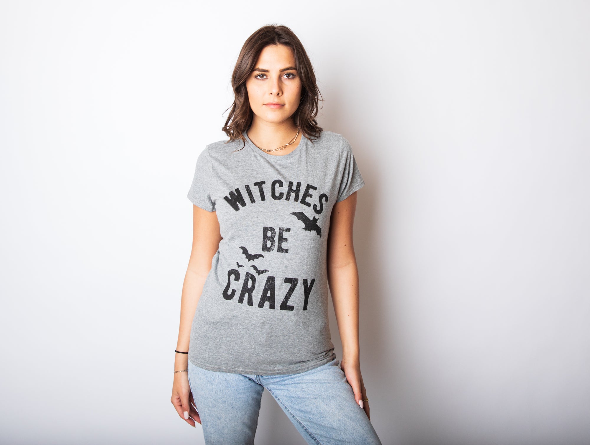 Funny Dark Heather Grey Witches Be Crazy Womens T Shirt Nerdy Halloween Tee