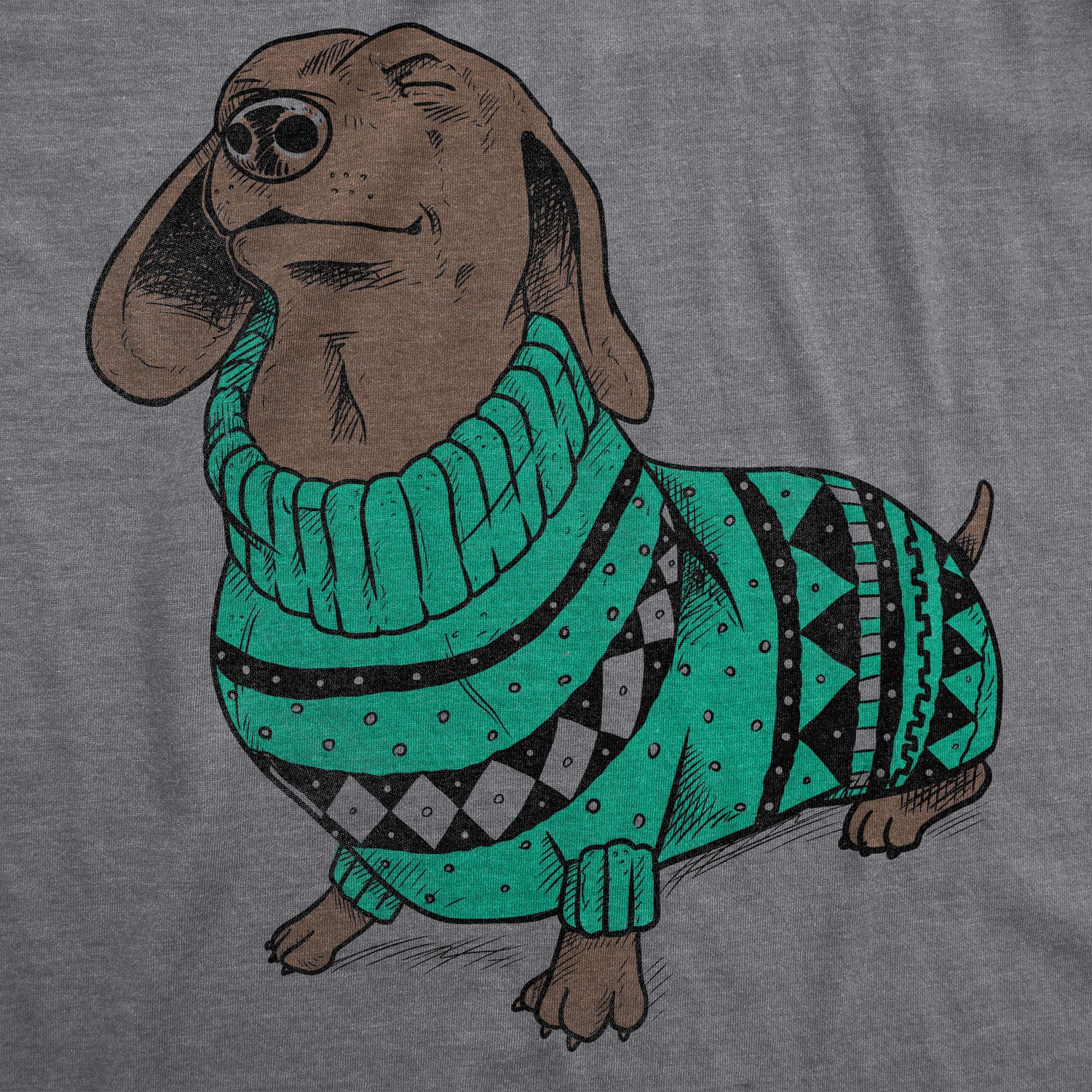 Funny Dark Heather Grey Dachshund In Christmas Sweater Womens T Shirt Nerdy Christmas Dog Ugly Sweater Tee