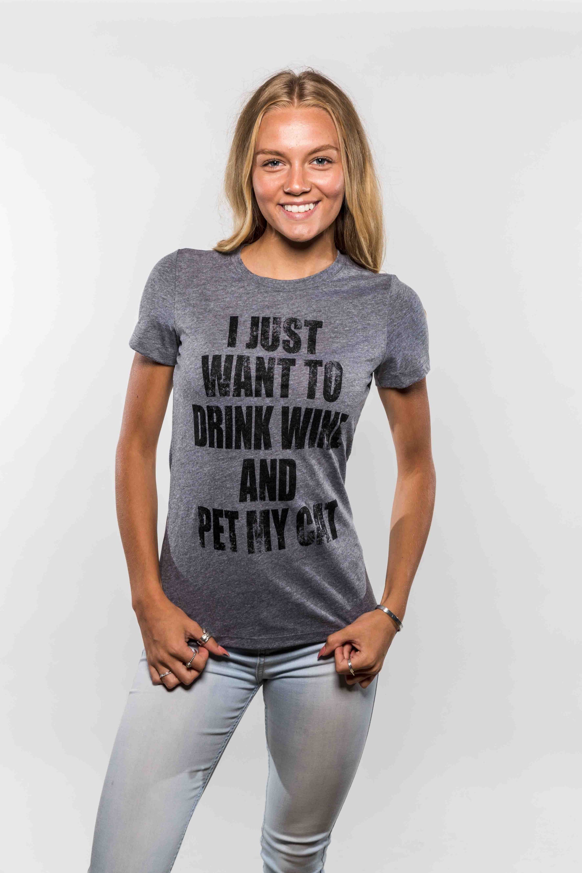 Funny Dark Heather Grey I Just Want To Drink Wine and Pet My Cat Womens T Shirt Nerdy Wine Cat Tee
