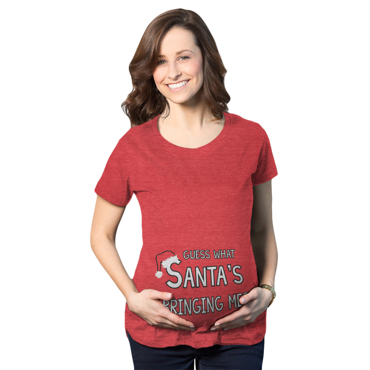Funny Heather Red - Santa Bringing Me Guess What Santa&#39;s Bringing Me Maternity T Shirt Nerdy Christmas Tee