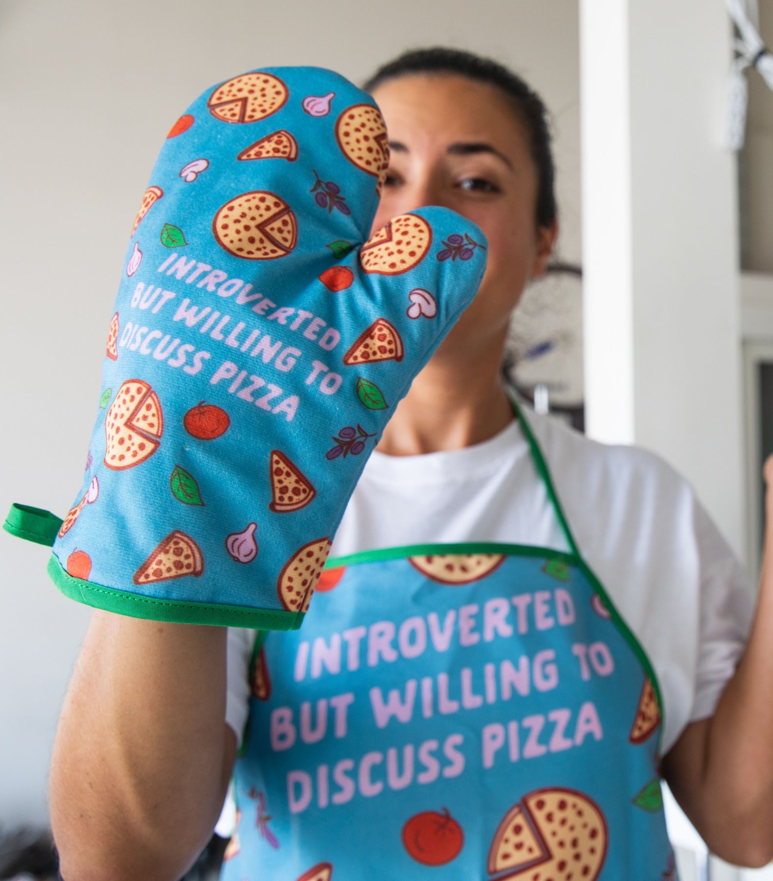 Funny Blue Introverted But Willing To Discuss Pizza Oven Mitt + Apron Nerdy Food Tee
