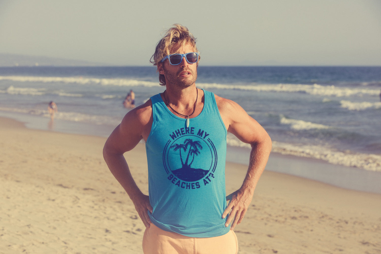 Funny Turquoise Where My Beaches At? Mens Tank Top Nerdy Fitness Tee