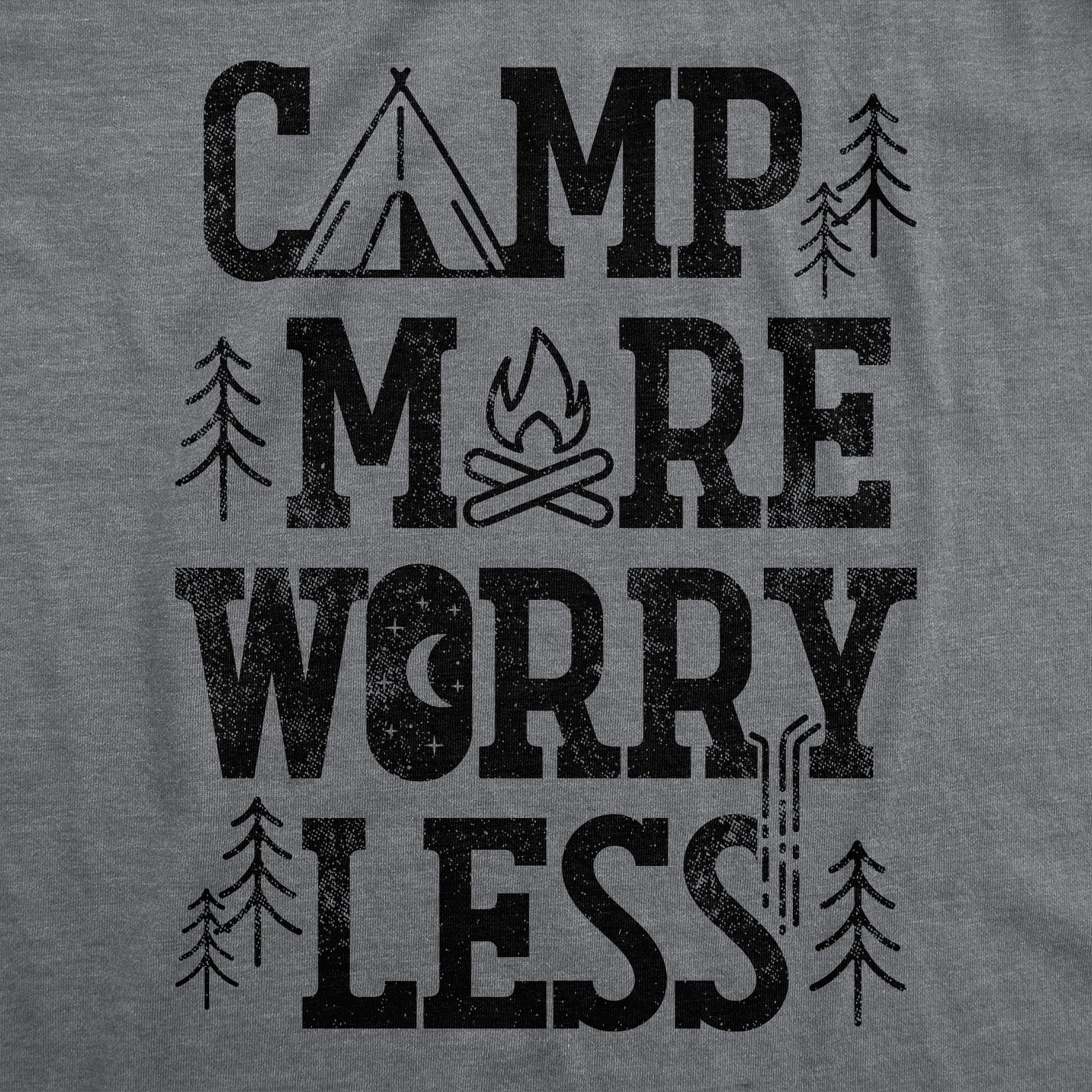 Funny Dark Heather Grey Camp More Worry Less Womens T Shirt Nerdy Camping Retro Tee