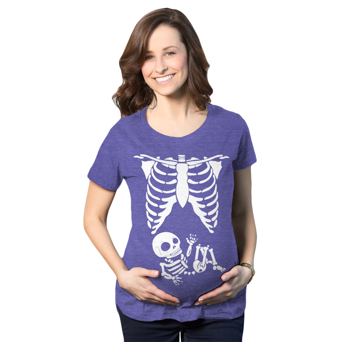 Funny Heather Purple White Skeleton Rib Cage Maternity T Shirt Nerdy Halloween Tee