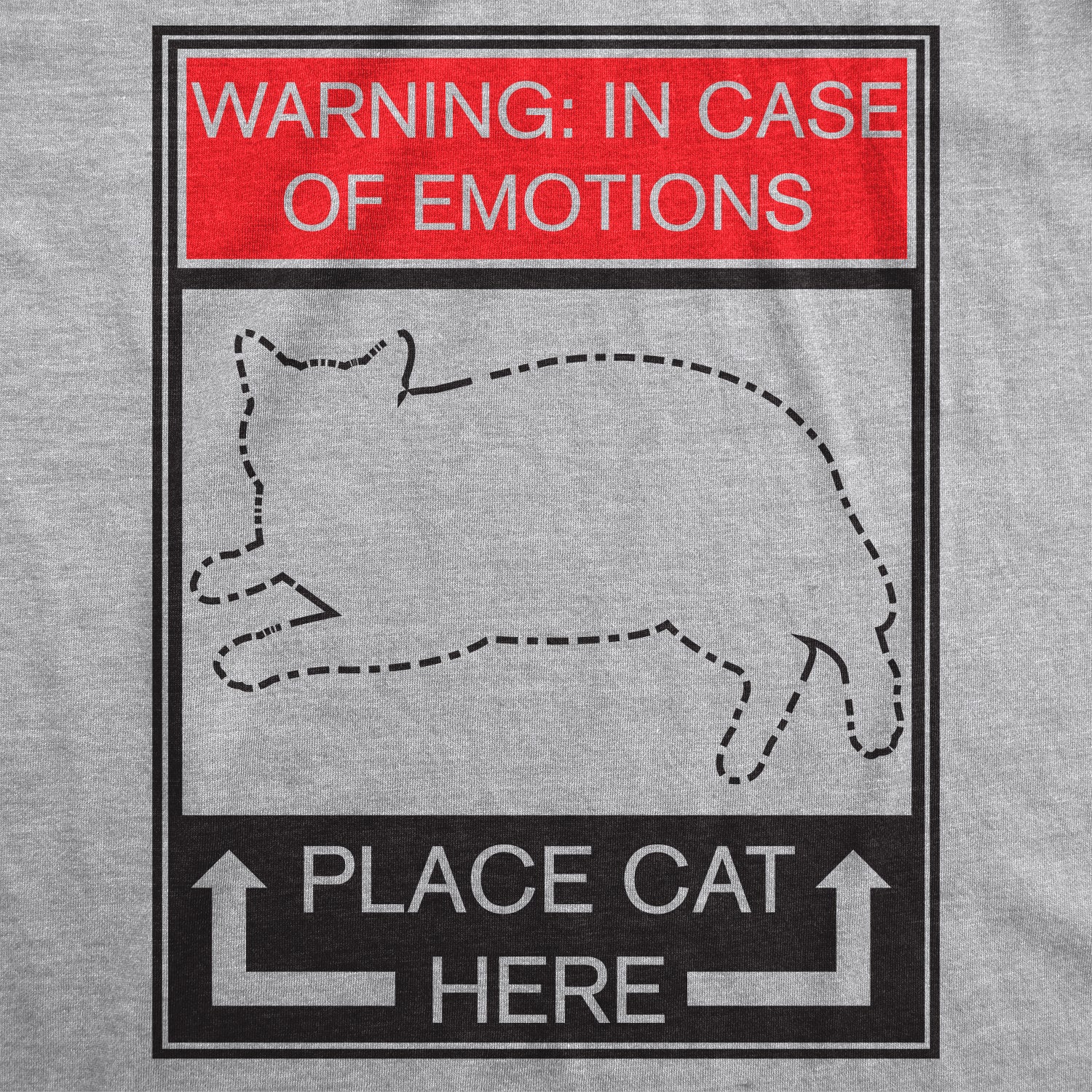 Funny Light Heather Grey - Emotions WARNING: In Case of Emotions, Place Cat Here Mens T Shirt Nerdy Sarcastic Cat Tee