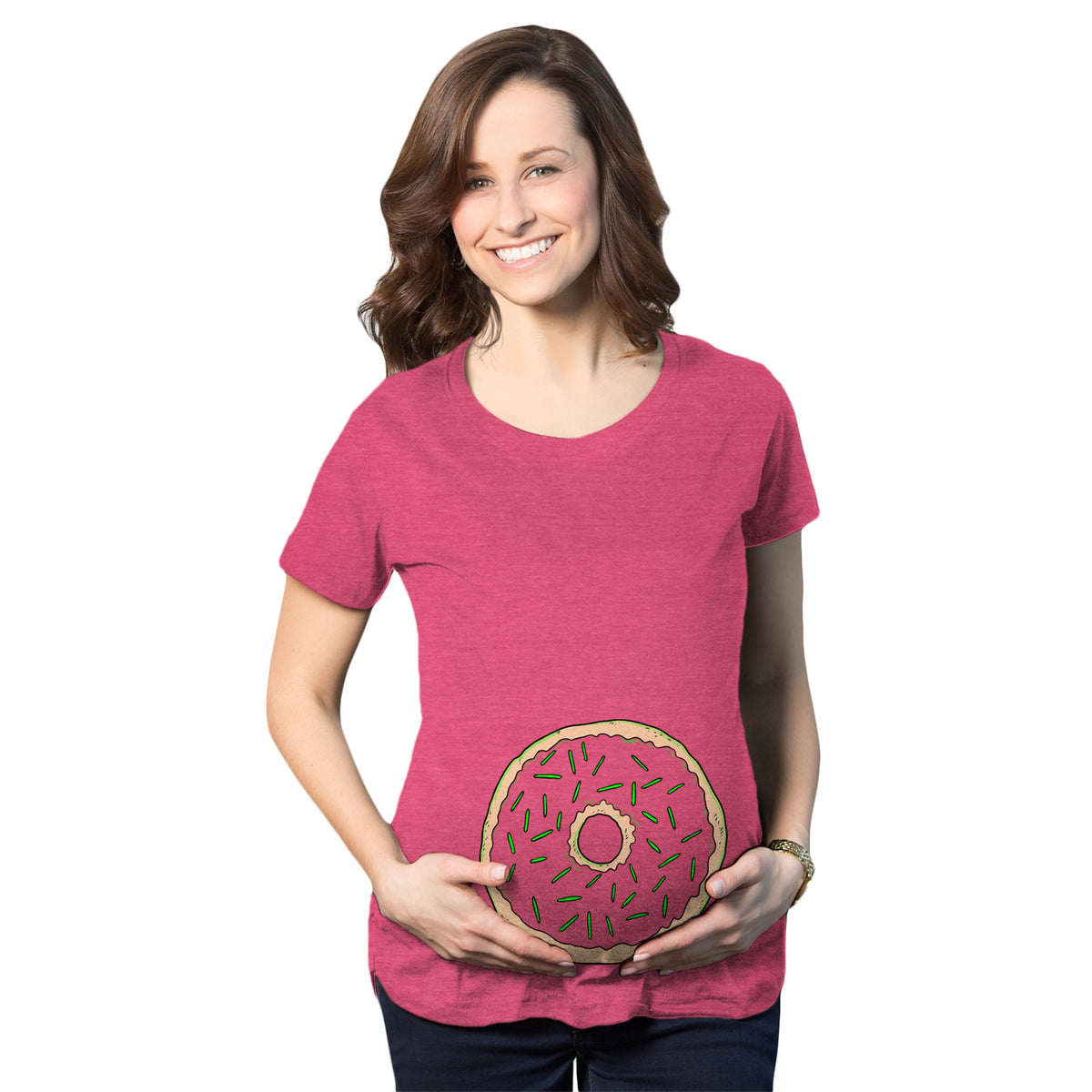 Funny Pink Donut Baby Bump Maternity T Shirt Nerdy food Tee
