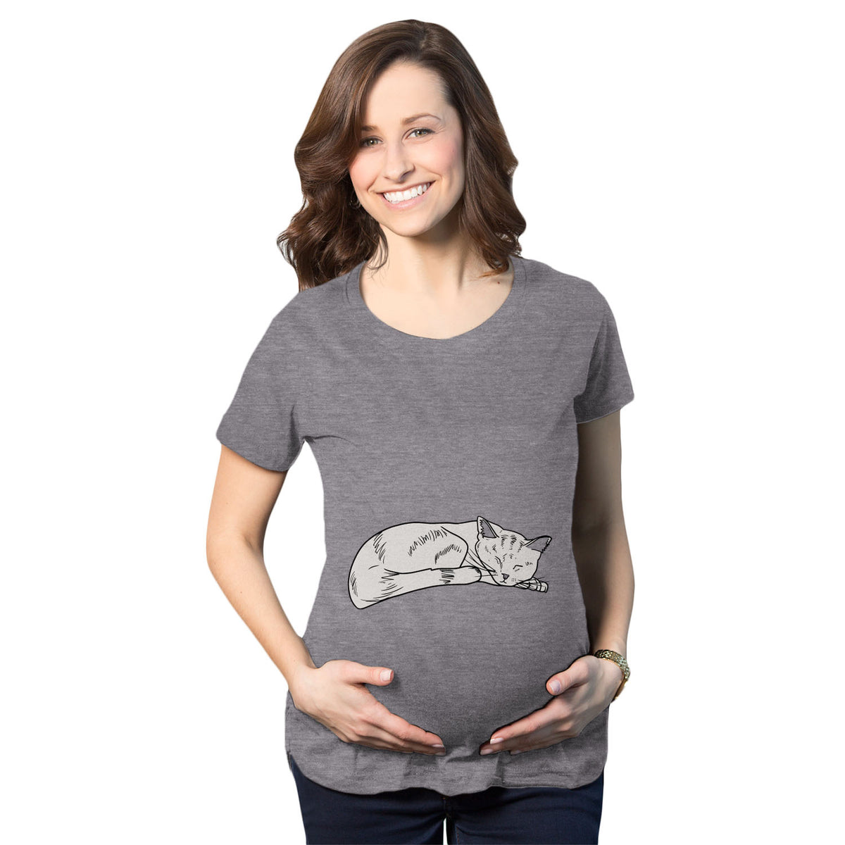 Funny Dark Heather Grey Cat On Baby Bump Maternity T Shirt Nerdy Cat Tee