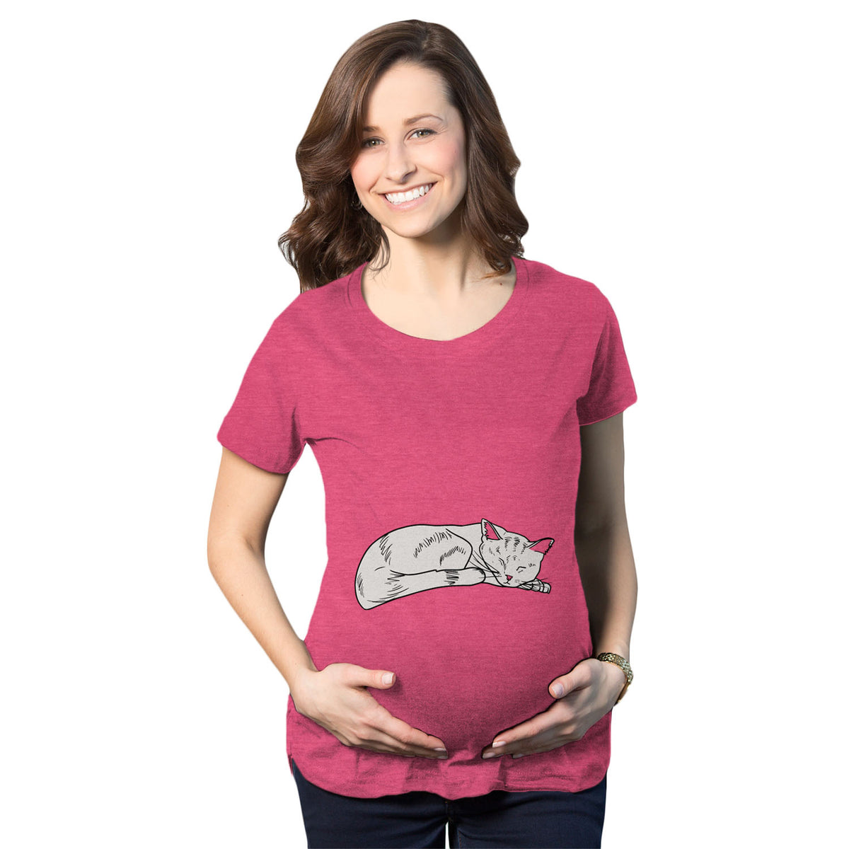 Funny Pink Cat On Baby Bump Maternity T Shirt Nerdy Cat Tee