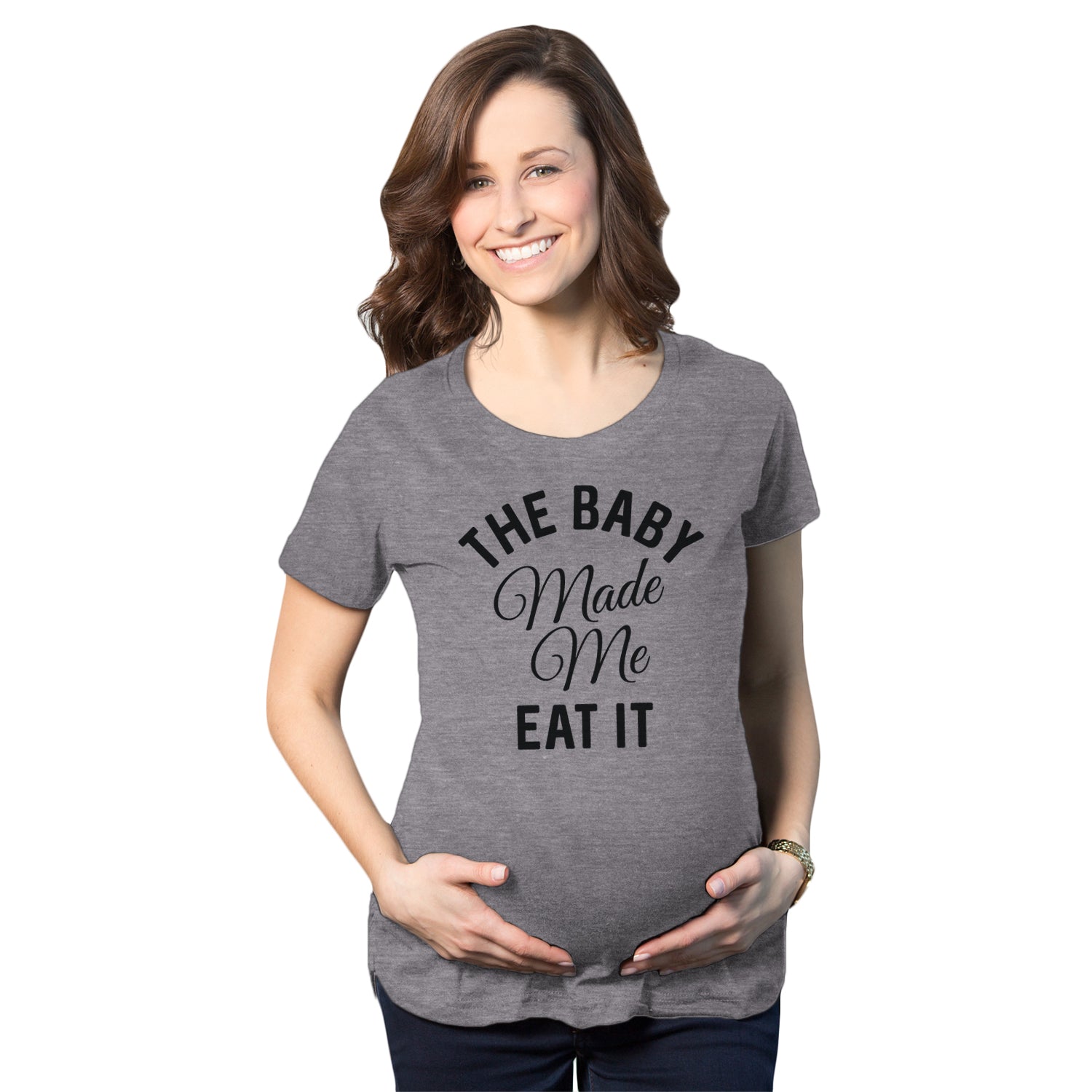 Funny Dark Heather Grey The Baby Made Me Eat It Maternity T Shirt Nerdy Food Tee