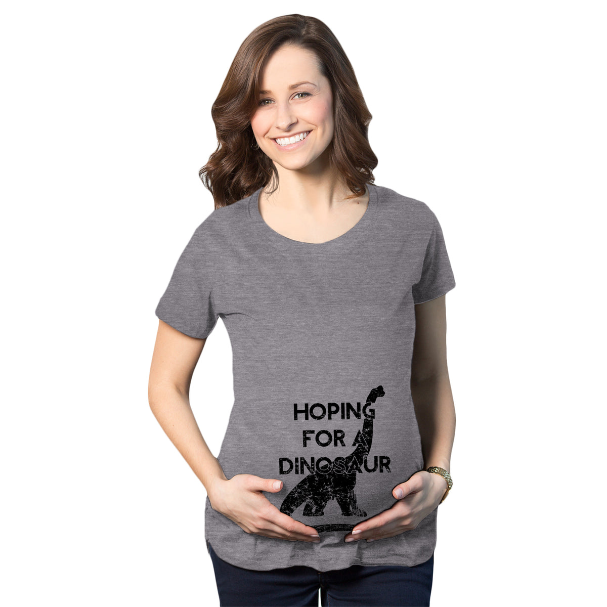 Funny Dark Heather Grey Hoping For A Dinosaur Maternity T Shirt Nerdy Dinosaur Tee