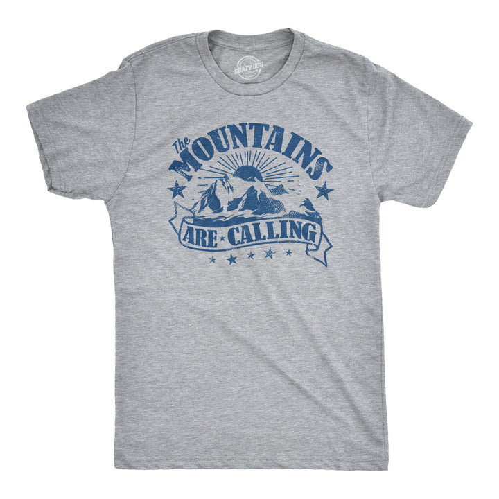 Funny Light Heather Grey The Mountains Are Calling Mens T Shirt Nerdy Camping Retro Tee