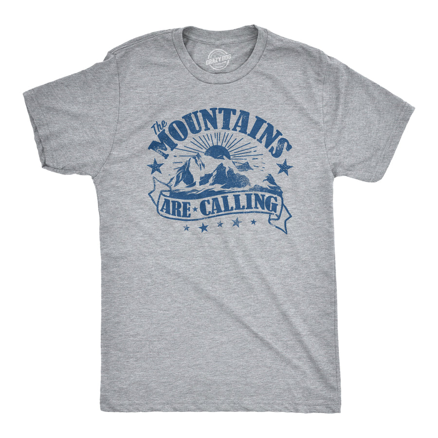 Funny Light Heather Grey The Mountains Are Calling Mens T Shirt Nerdy Camping Retro Tee