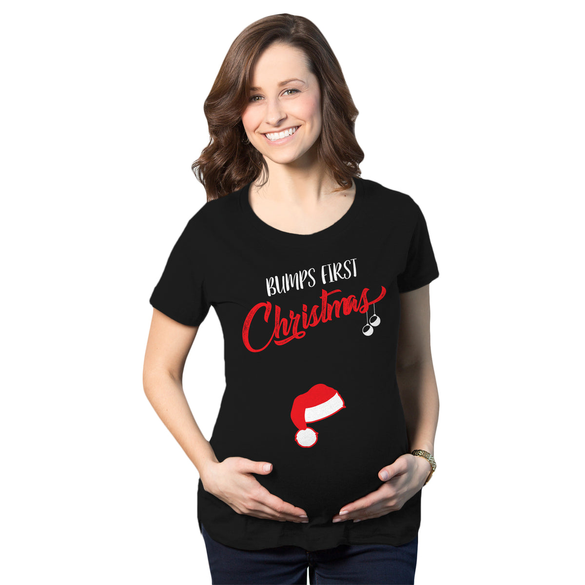Funny Heather Black - Bumps First Bump&#39;s First Christmas Maternity T Shirt Nerdy Christmas Tee