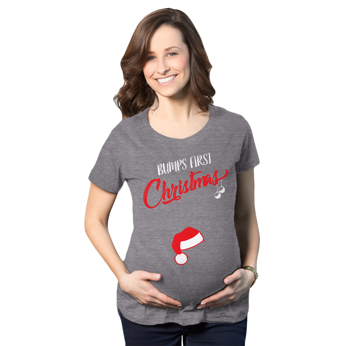 Funny Dark Heather Grey - Bumps First Bump&#39;s First Christmas Maternity T Shirt Nerdy Christmas Tee