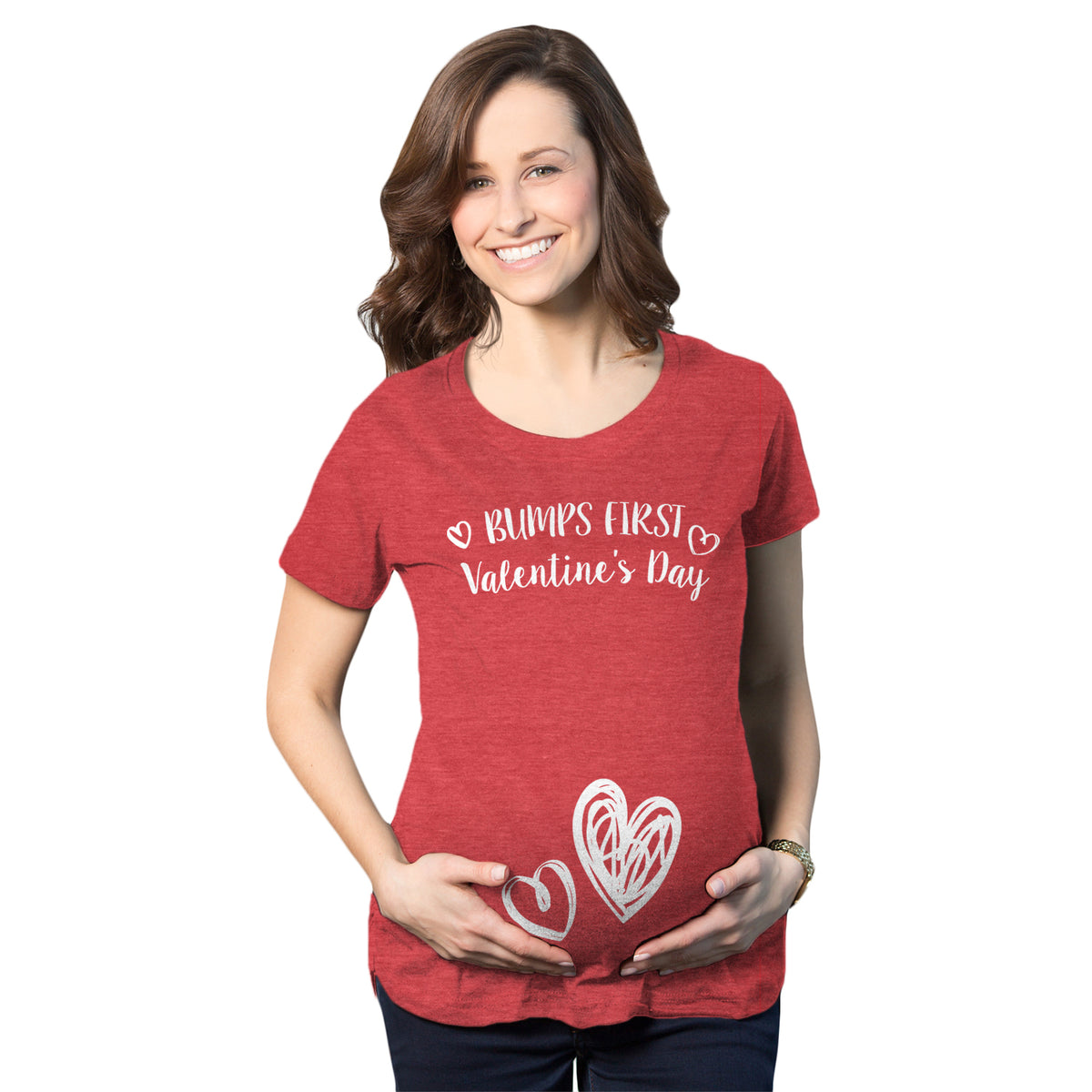 Funny Bump&#39;s First Valentine&#39;s Day Maternity T Shirt Nerdy Valentine&#39;s Day Tee
