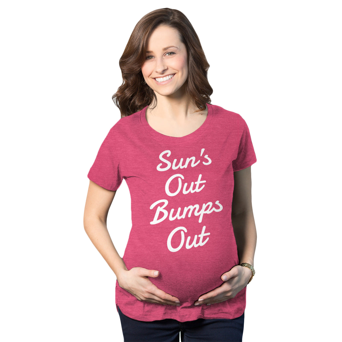 Funny Heather Pink Sun&#39;s Out Bump&#39;s Out Maternity T Shirt Nerdy vacation Tee