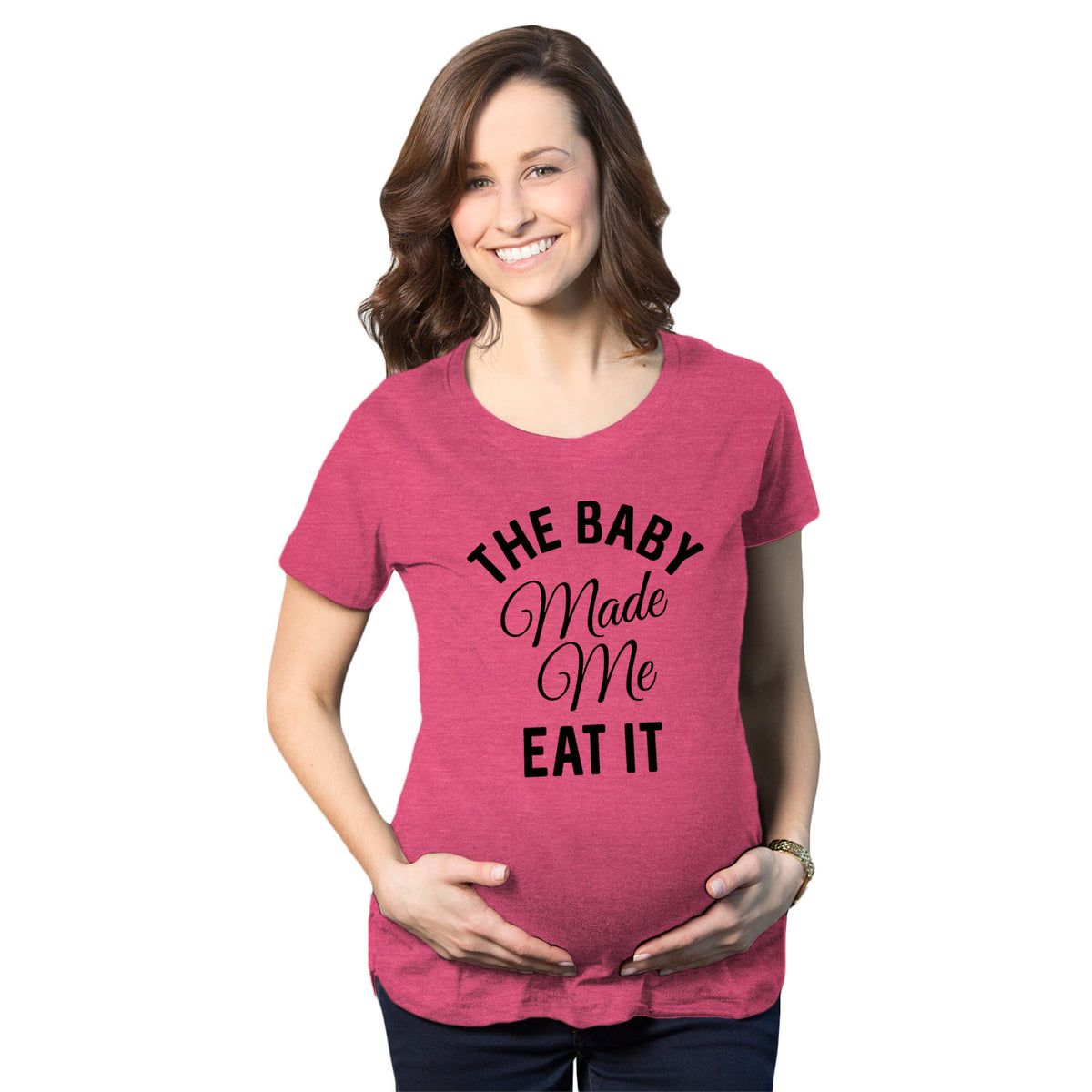 Funny Heather Pink The Baby Made Me Eat It Maternity T Shirt Nerdy Food Tee