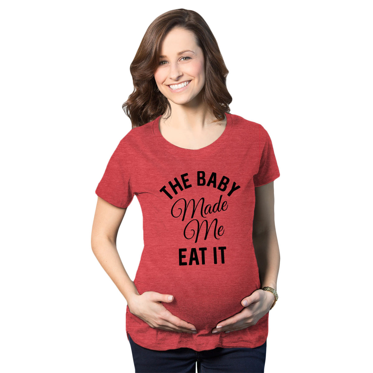 Funny Heather Red The Baby Made Me Eat It Maternity T Shirt Nerdy Food Tee