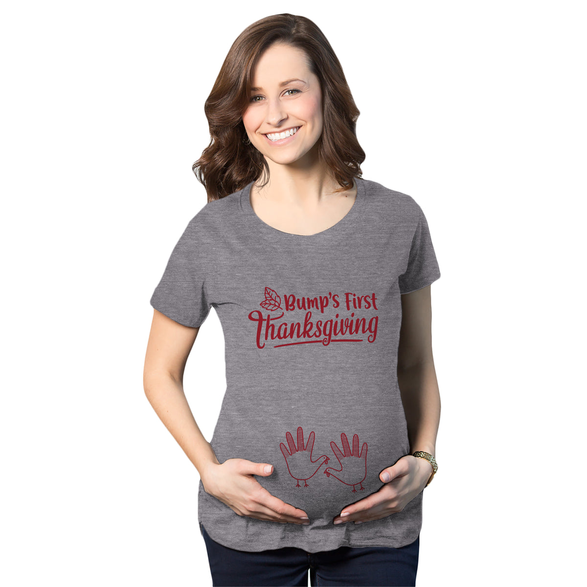 Funny Dark Heather Grey Bump&#39;s First Thanksgiving Maternity T Shirt Nerdy Thanksgiving Tee