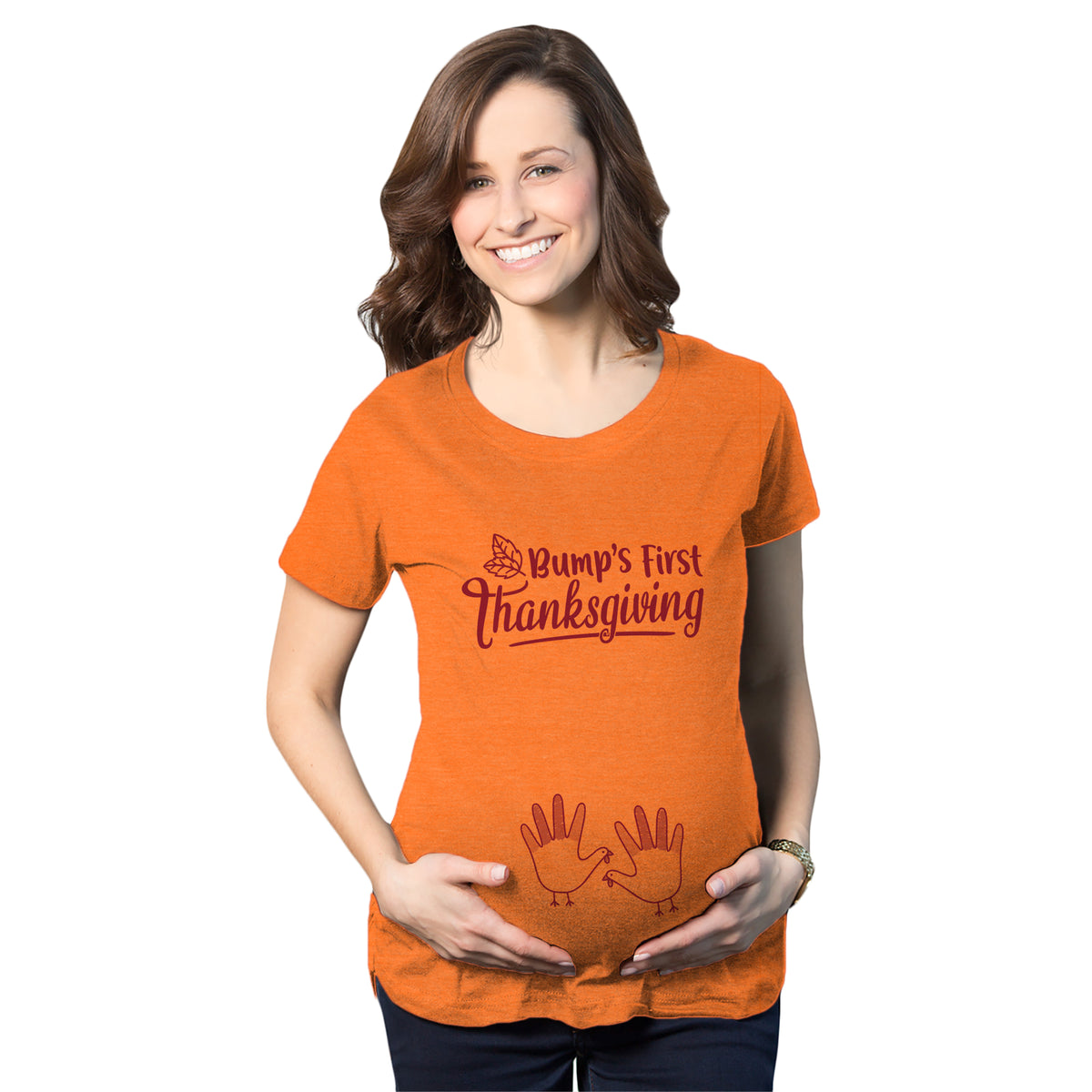 Funny Orange Bump&#39;s First Thanksgiving Maternity T Shirt Nerdy Thanksgiving Tee