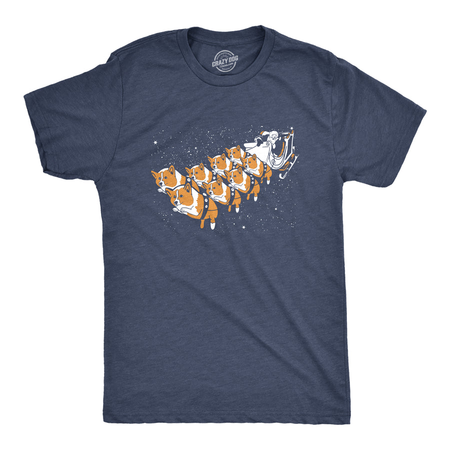 Funny Heather Navy Corgi Sleigh Mens T Shirt Nerdy Christmas Dog Tee