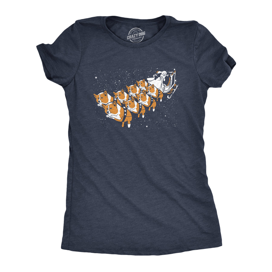 Funny Heather Navy Corgi Sleigh Womens T Shirt Nerdy Christmas Dog Tee