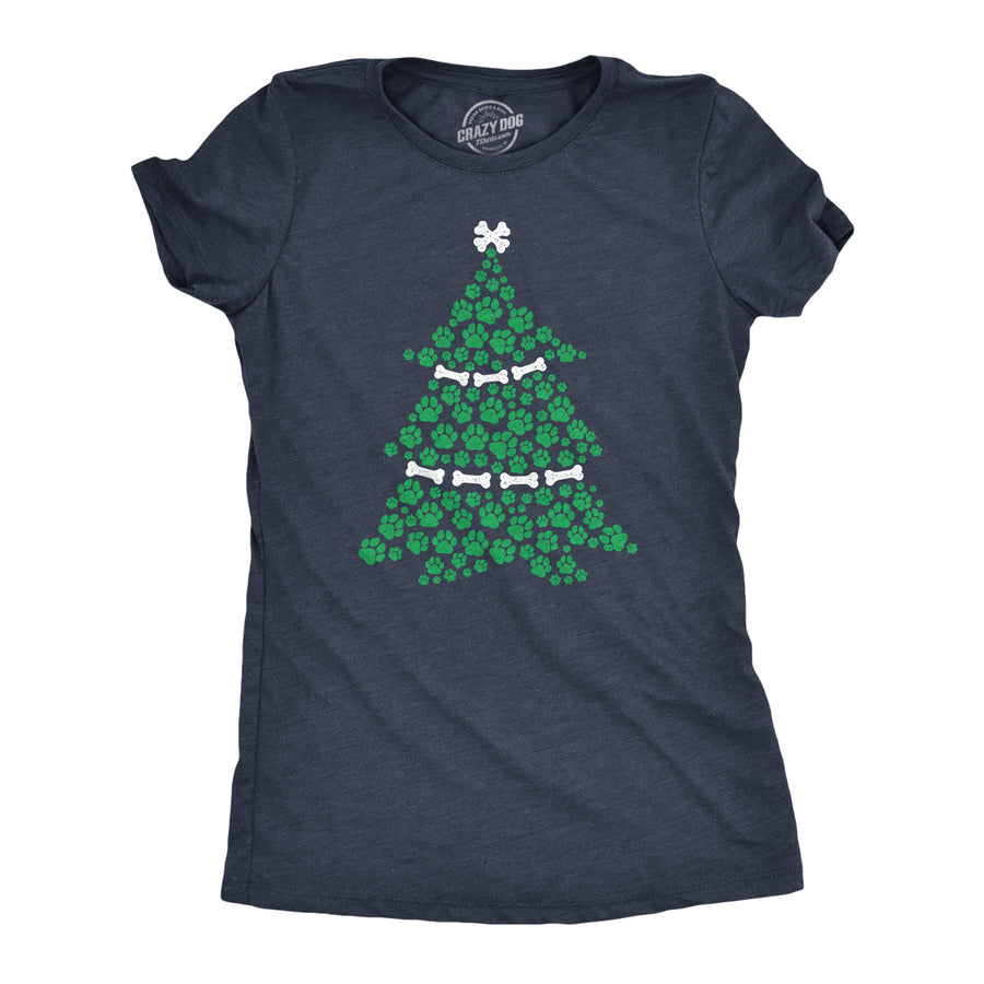 Funny Heather Navy Dog Paw Christmas Tree Womens T Shirt Nerdy Christmas Dog Tee