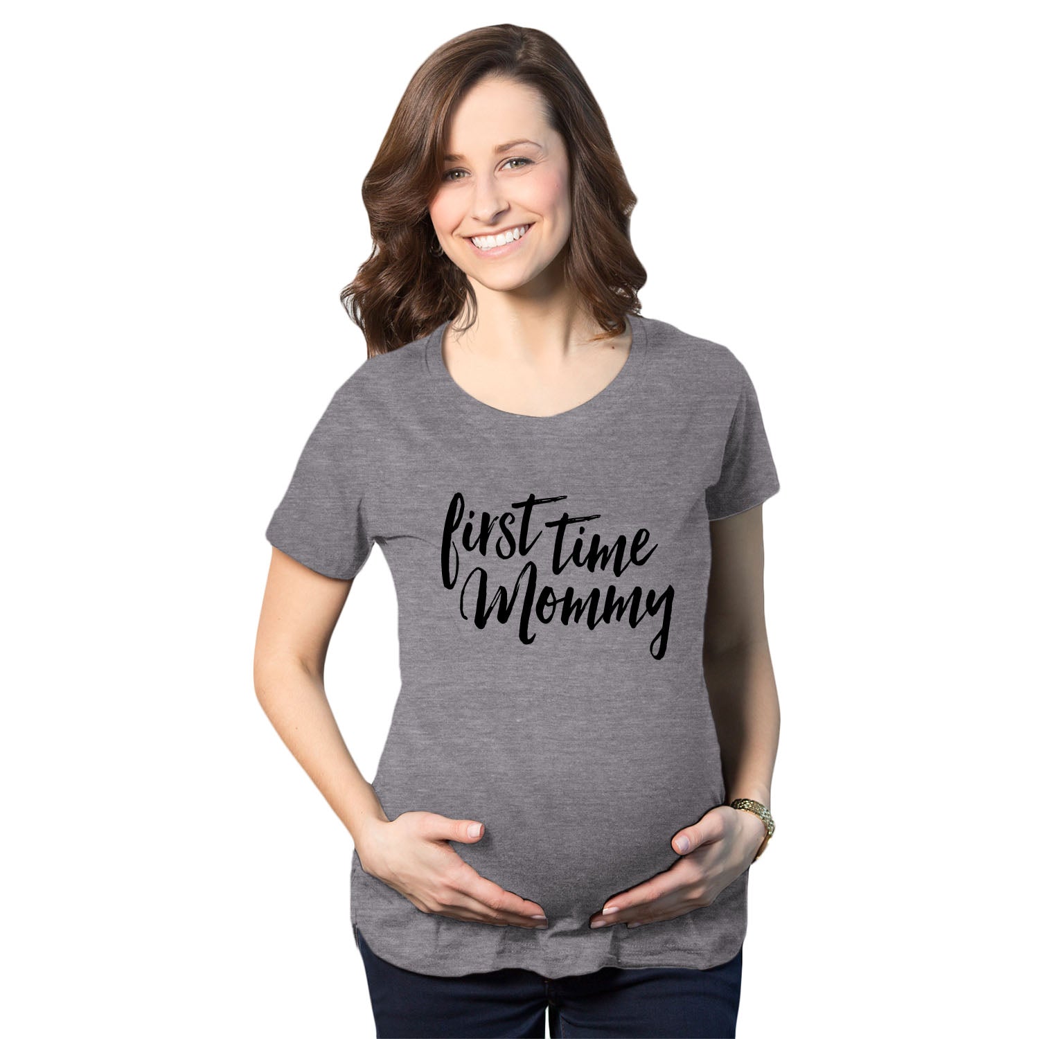 Funny Dark Heather Grey First Time Mommy Maternity T Shirt Nerdy Mother's Day Tee