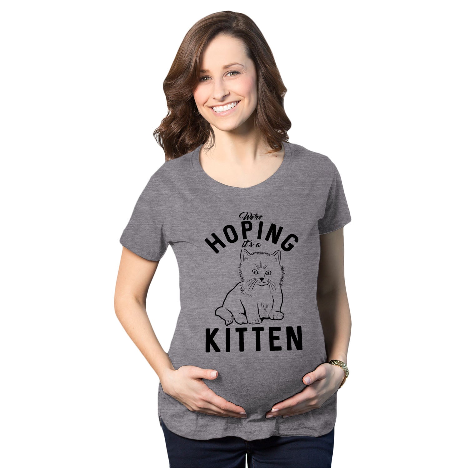 Funny Dark Heather Grey Hoping It’s A Kitten Maternity T Shirt Nerdy Cat Tee