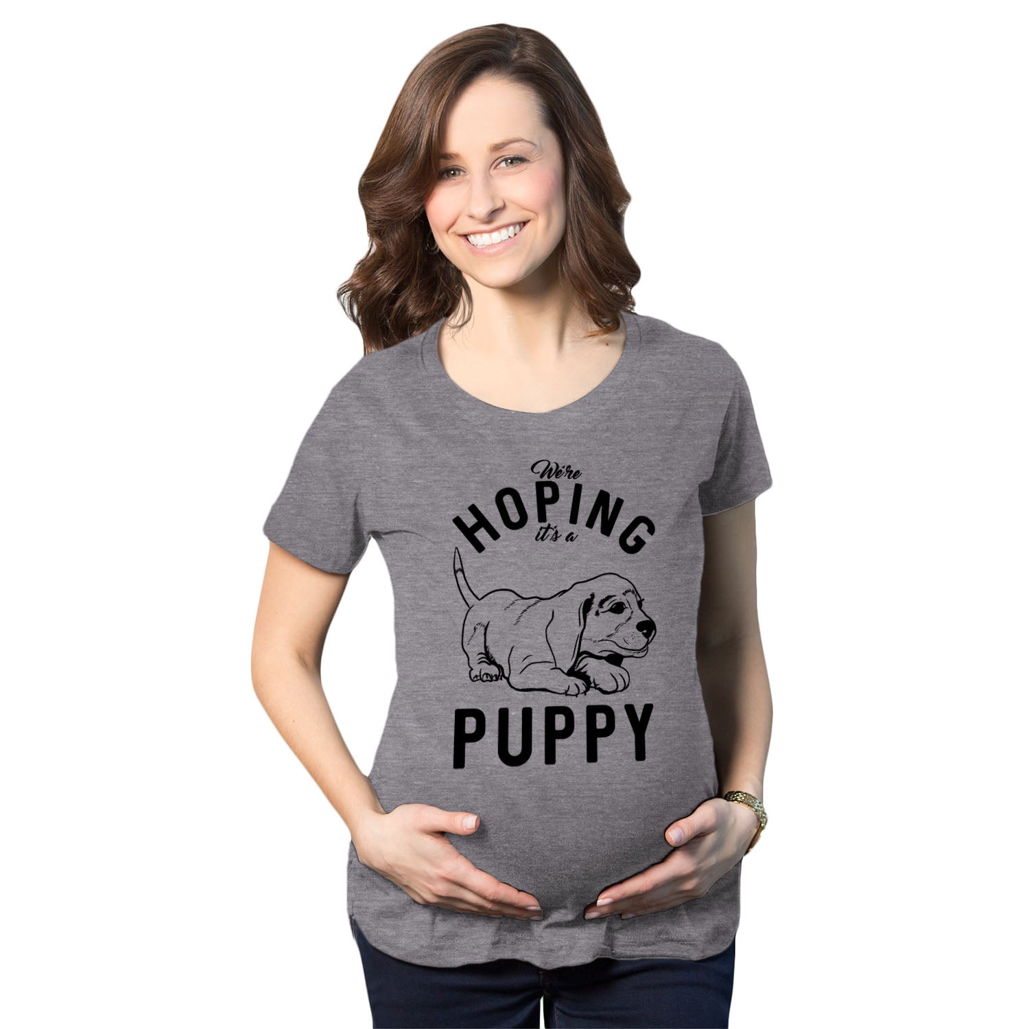 Funny Dark Heather Grey Hoping It's A Puppy Maternity T Shirt Nerdy Dog Sarcastic Tee