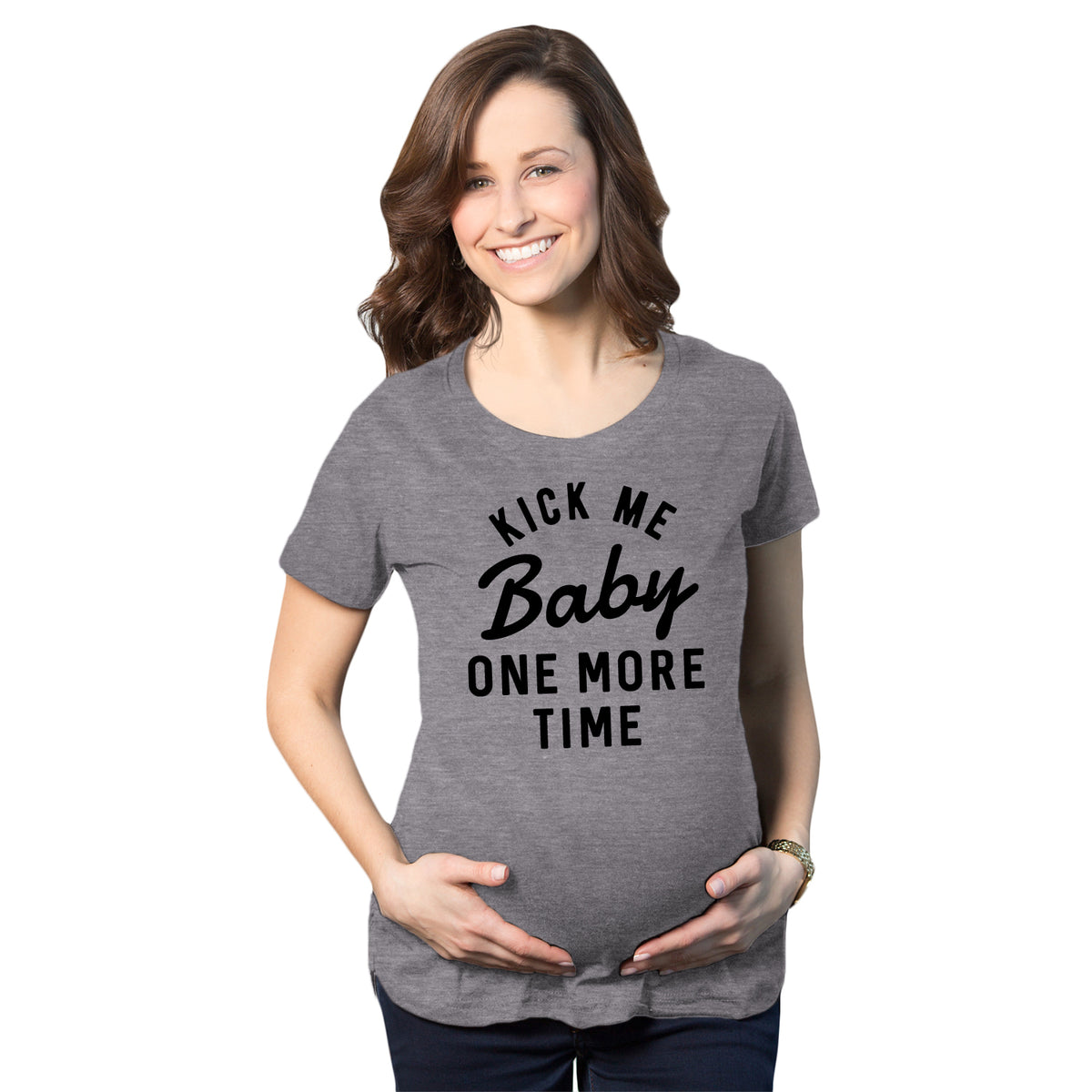 Funny Dark Heather Grey Kick Me Baby One More Time Maternity T Shirt Nerdy Parenting Sarcastic Tee