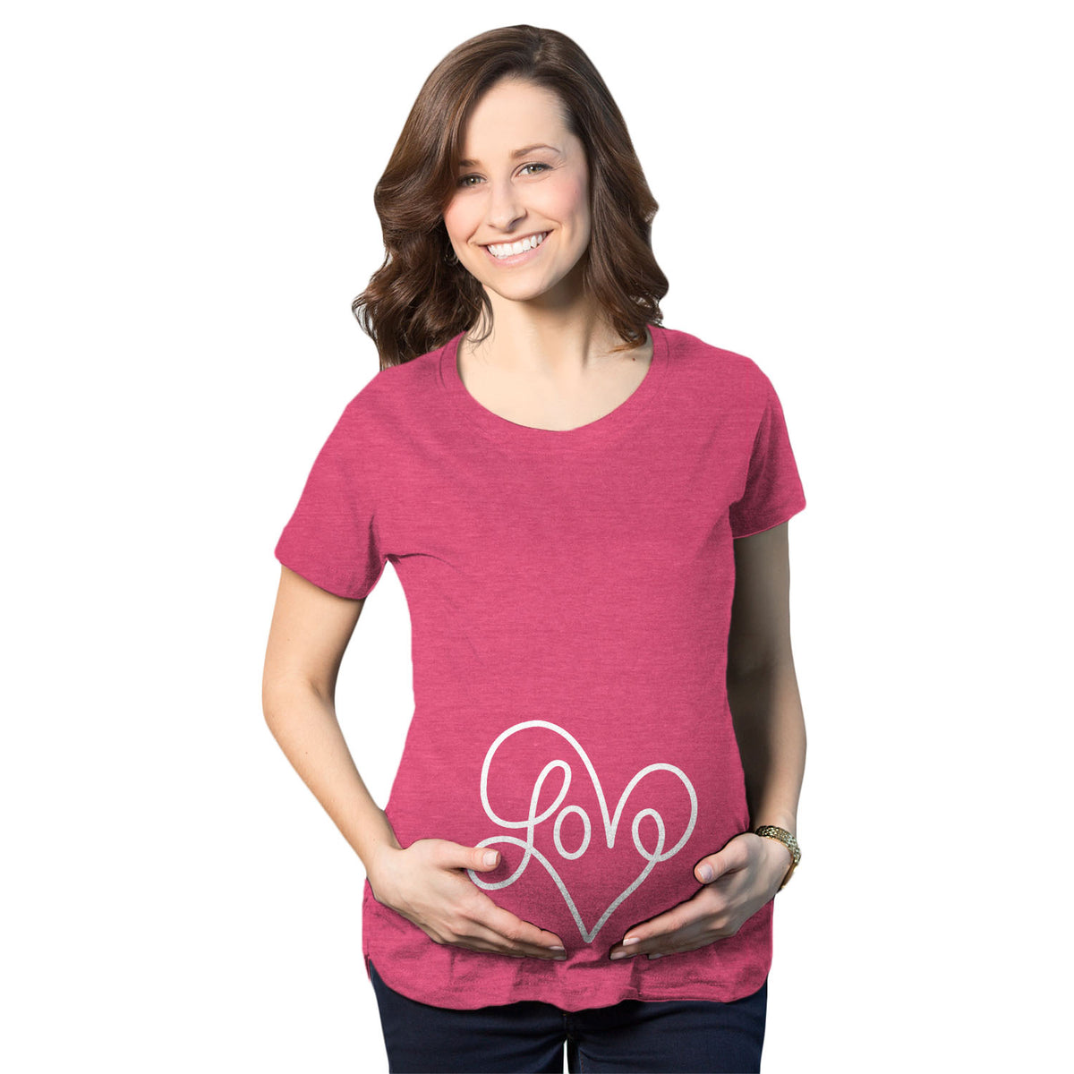 Funny Heather Pink Love Script Heart Maternity T Shirt Nerdy Valentine&#39;s Day Tee