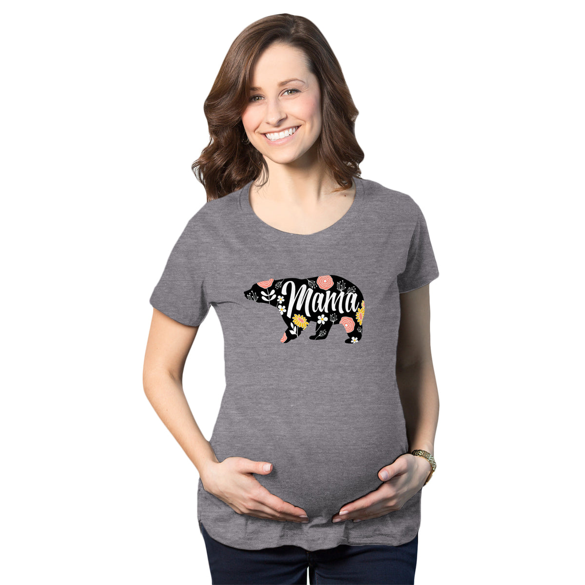 Funny Dark Heather Grey - Floral Mama Bear Maternity T Shirt Nerdy Animal Tee