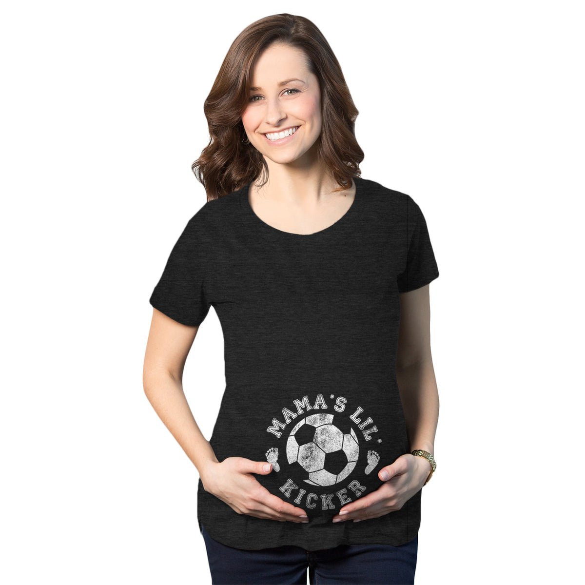 Funny Heather Black Mama&#39;s Little Kicker Soccer Maternity T Shirt Nerdy Soccer Tee