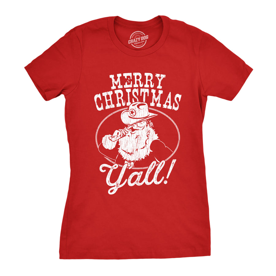 Funny Red Merry Christmas Y'all Womens T Shirt Nerdy Christmas Tee