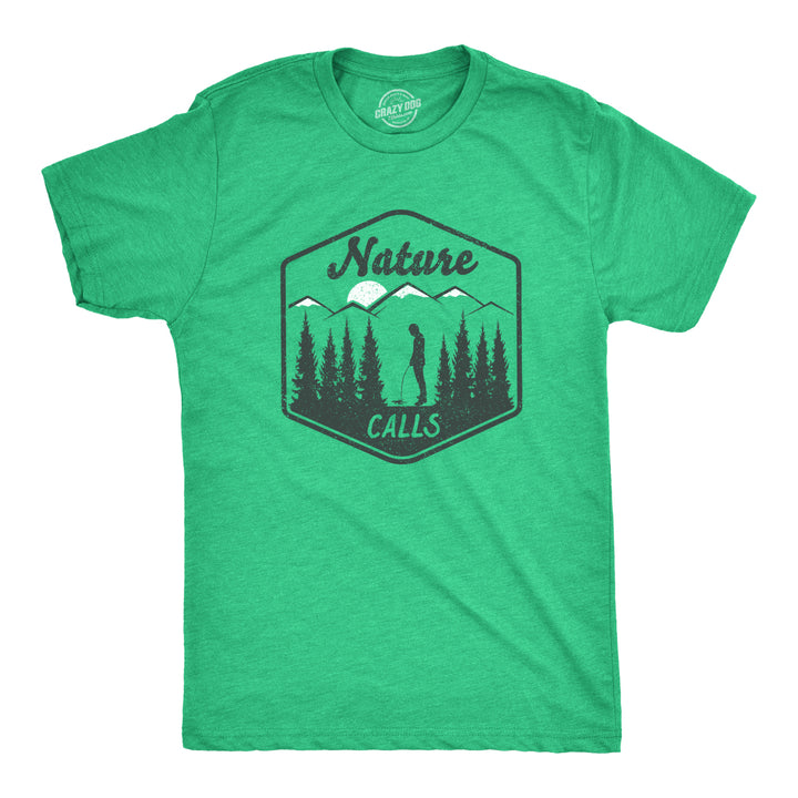 Funny Heather Green Nature Calls Mens T Shirt Nerdy Camping Toilet Tee