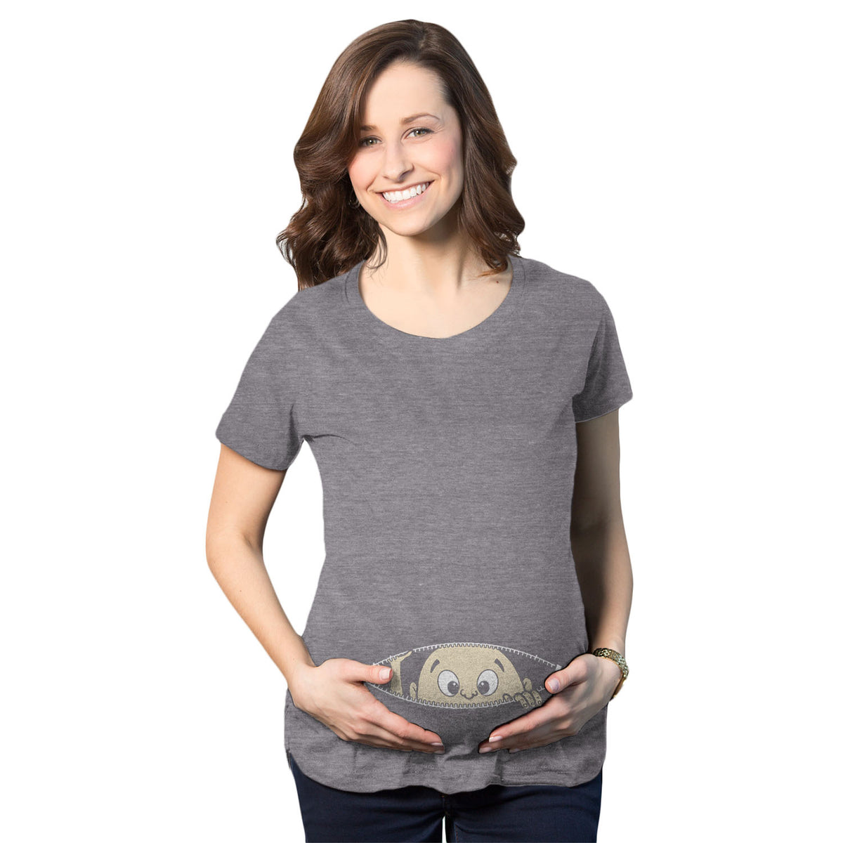 Funny Dark Heather Grey Peeking Baby Maternity T Shirt Nerdy Peeking Tee