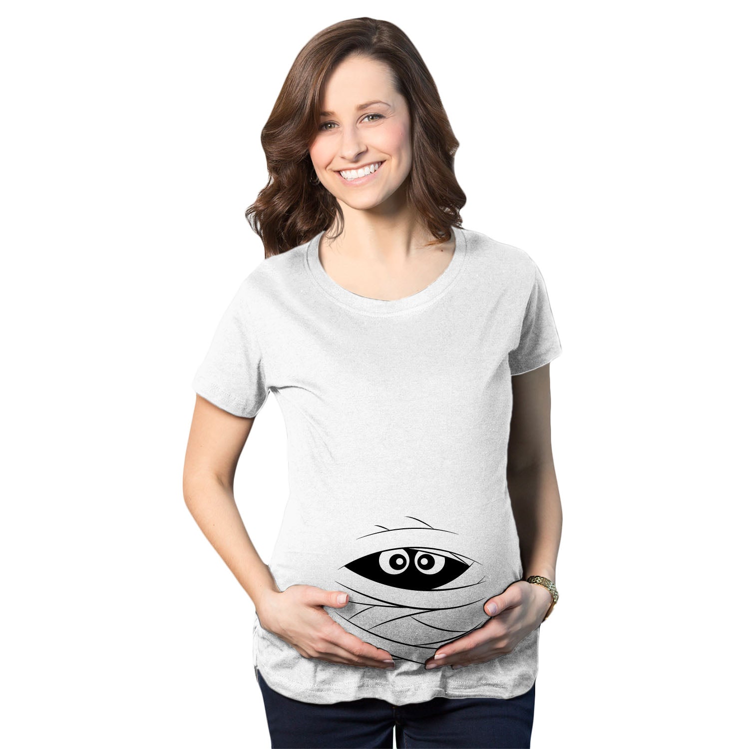 Funny White - Mummy Peeking Mummy Maternity T Shirt Nerdy Halloween Peeking TV & Movies Tee