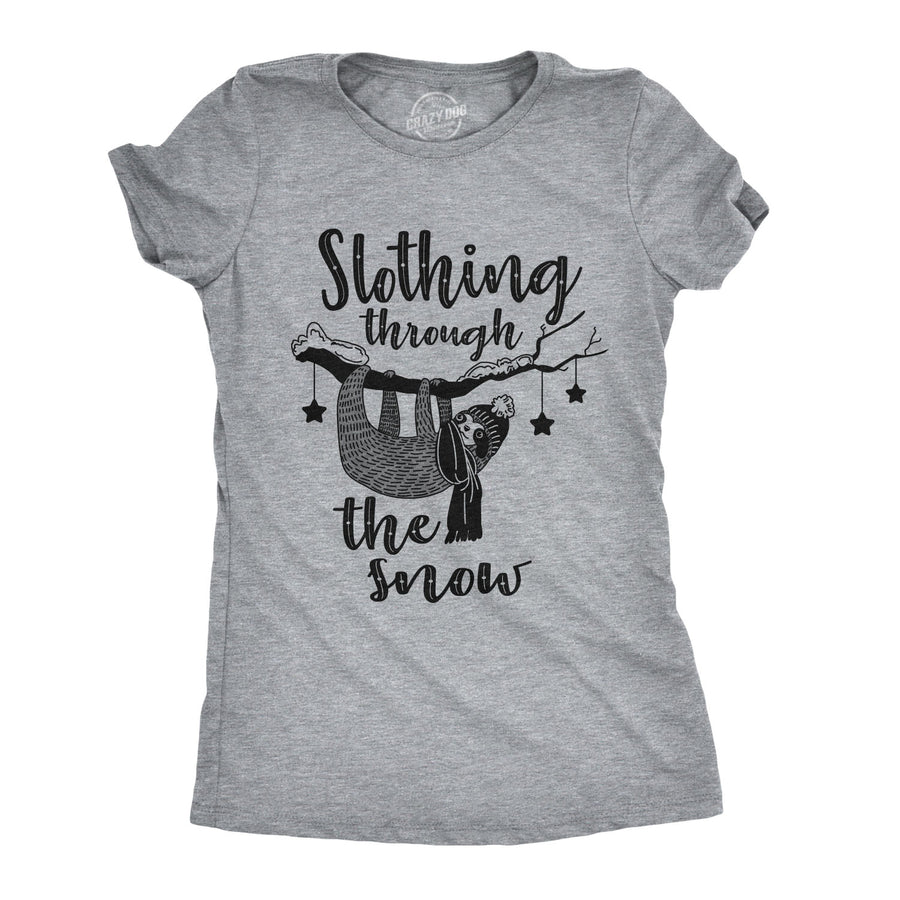 Funny Light Heather Grey Slothing Through The Snow Womens T Shirt Nerdy Christmas Animal Tee