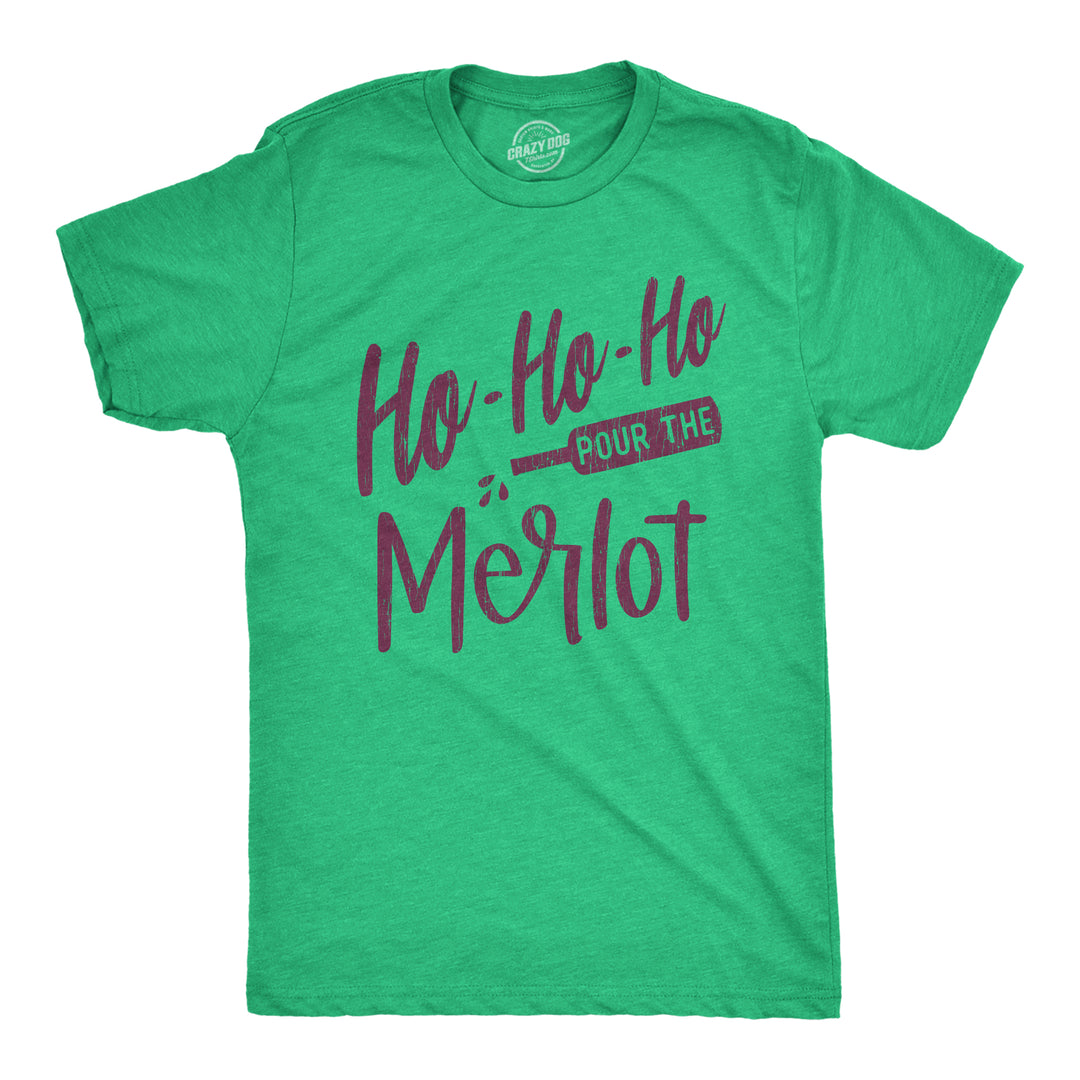 Funny Heather Green Ho Ho Ho Pour The Merlot Mens T Shirt Nerdy Christmas Wine Tee