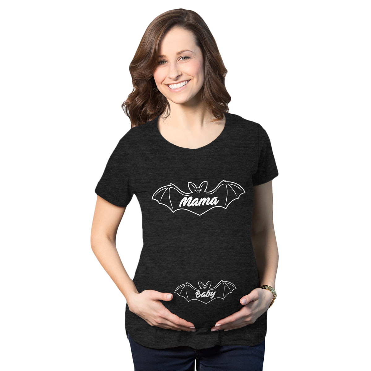 Funny Heather Black Mama Bat Baby Bat Maternity T Shirt Nerdy Halloween Animal Tee