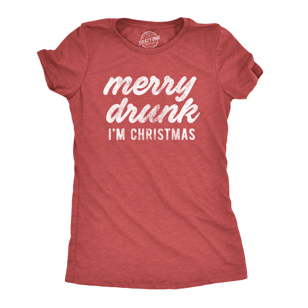 Funny Heather Red Merry Drunk I'm Christmas Womens T Shirt Nerdy Christmas Drinking Tee