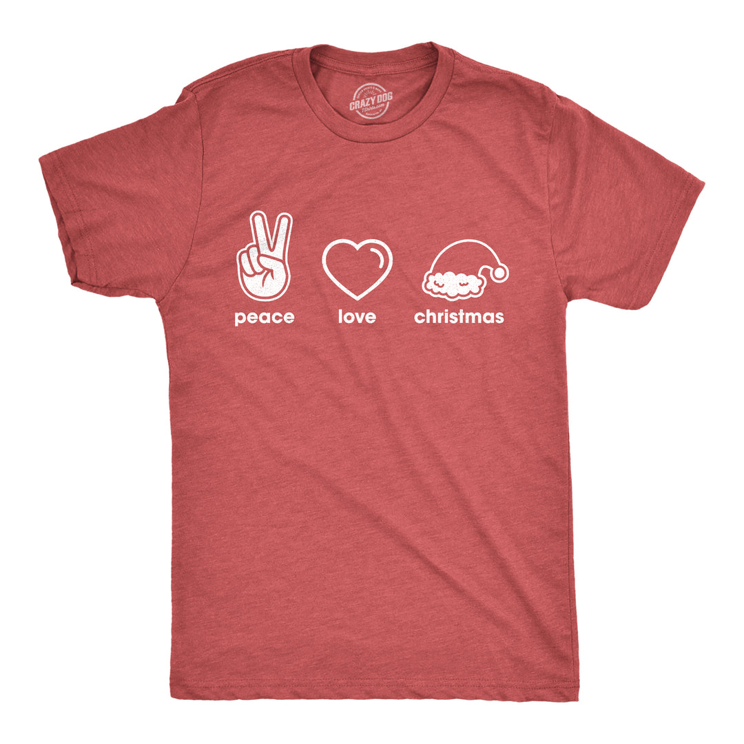 Funny Heather Red Peace Love Christmas Mens T Shirt Nerdy Christmas Tee