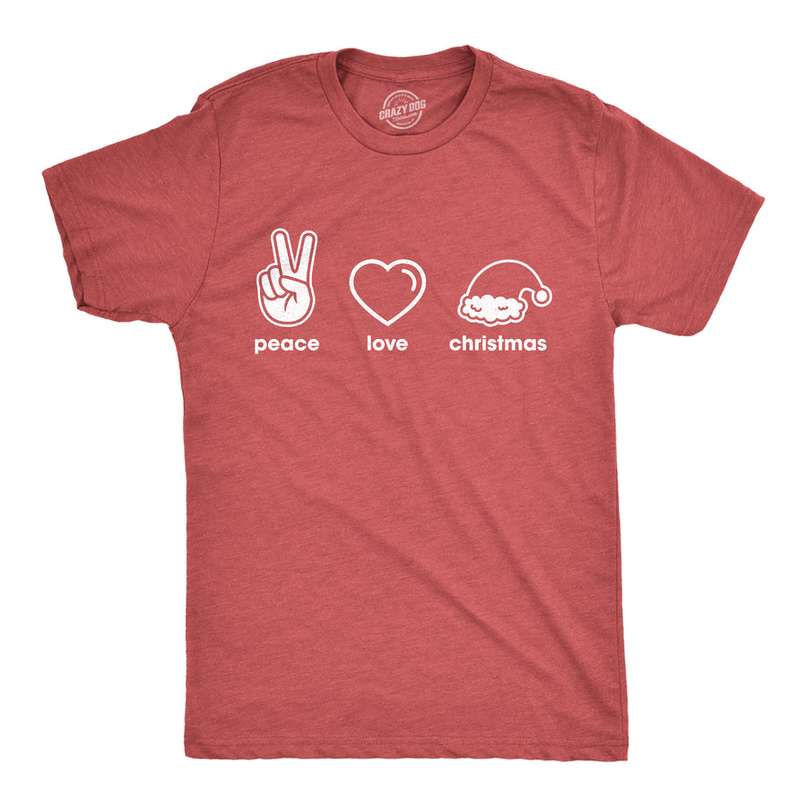 Funny Heather Red Peace Love Christmas Mens T Shirt Nerdy Christmas Tee