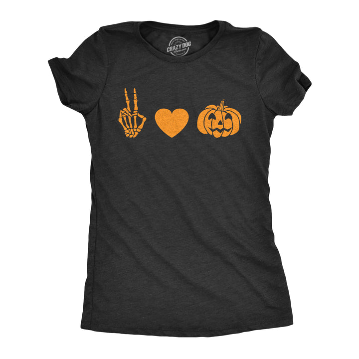 Funny Heather Black Peace Love Jack-O-Lantern Womens T Shirt Nerdy Halloween Tee