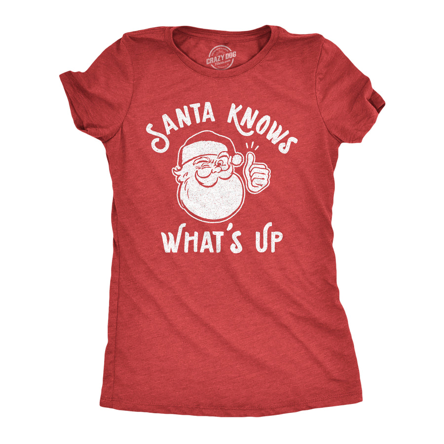 Funny Heather Red Santa Knows What's Up Womens T Shirt Nerdy Christmas Tee